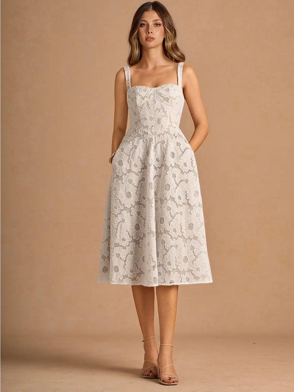 Azazie Ivory Lace Midi Dress with Sweetheart Bodice